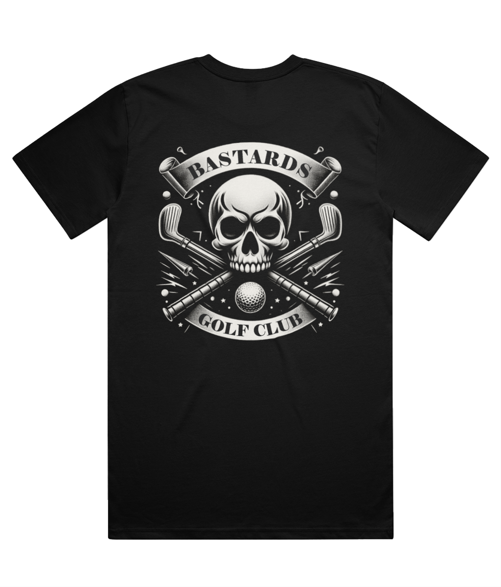Black t-shirt with a skull and crossed golf clubs design on a white background