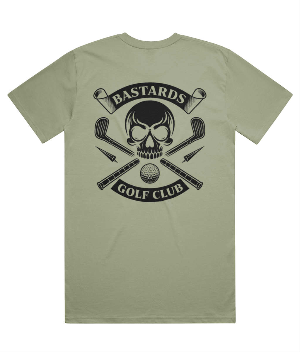 Green t-shirt with a skull and golf club design on a white background