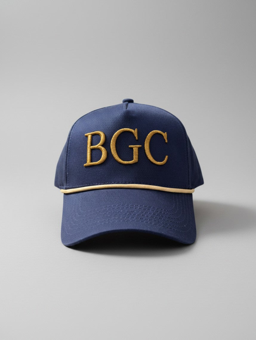 Front view of The Major navy golf rope cap with raised gold BGC embroidery