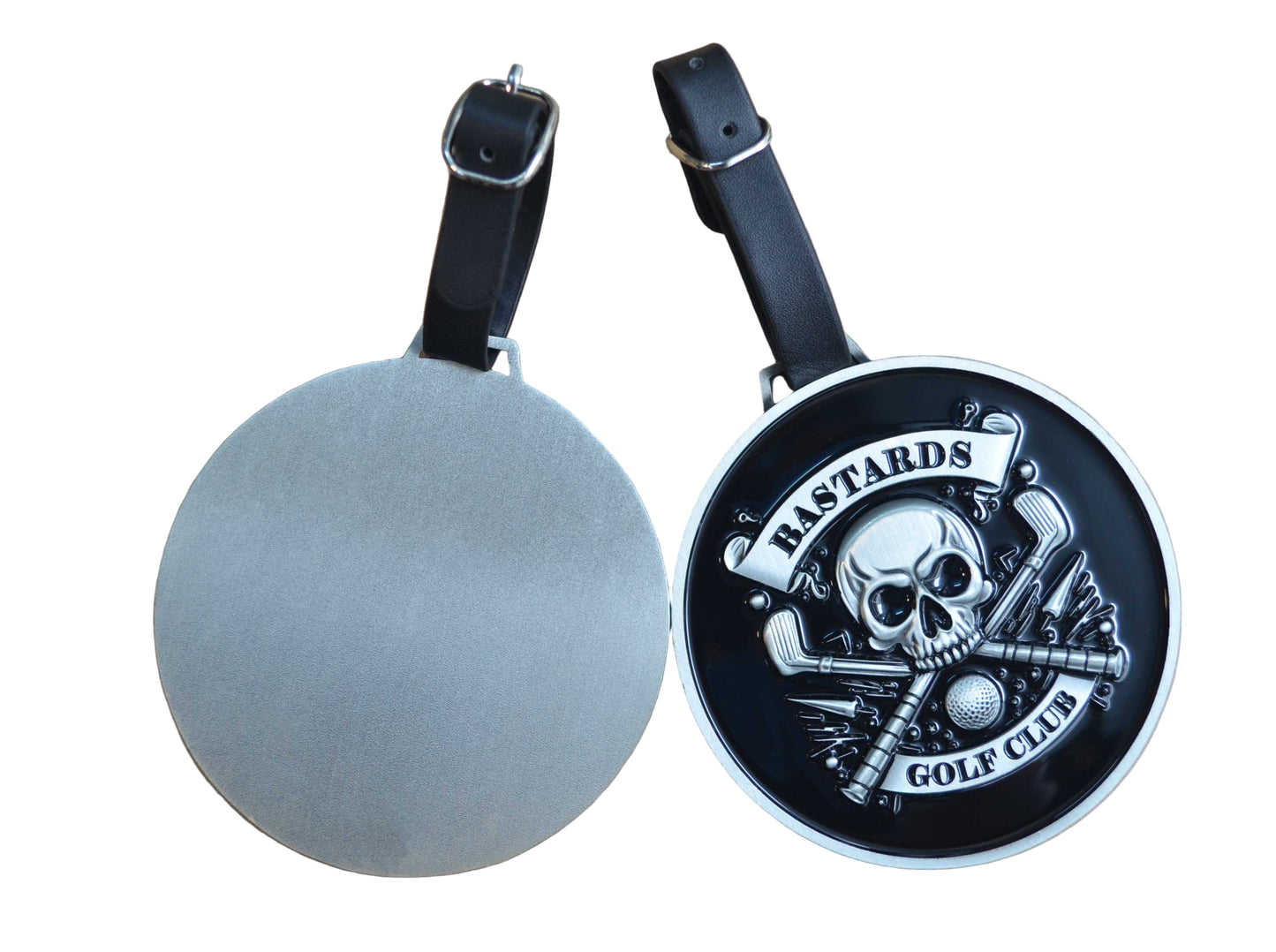 Round metal luggage tag with 'Bastards Golf Club' design on a white background