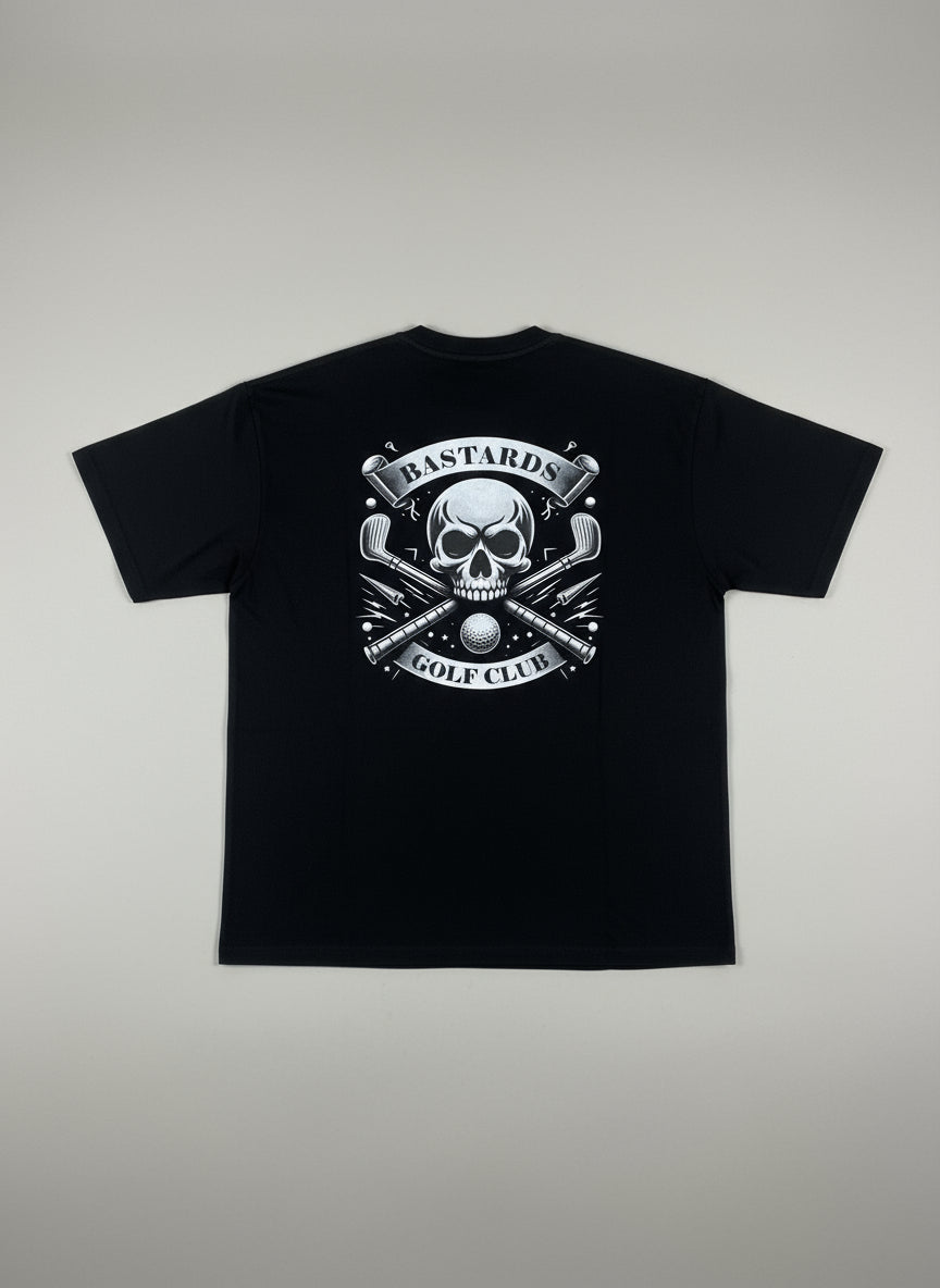 Back of black heavyweight t-shirt on plain background