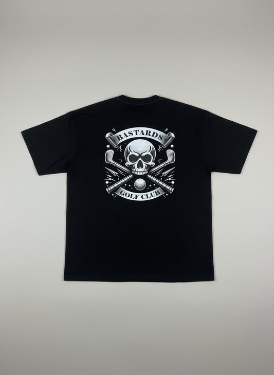 Back of black heavyweight t-shirt on plain background