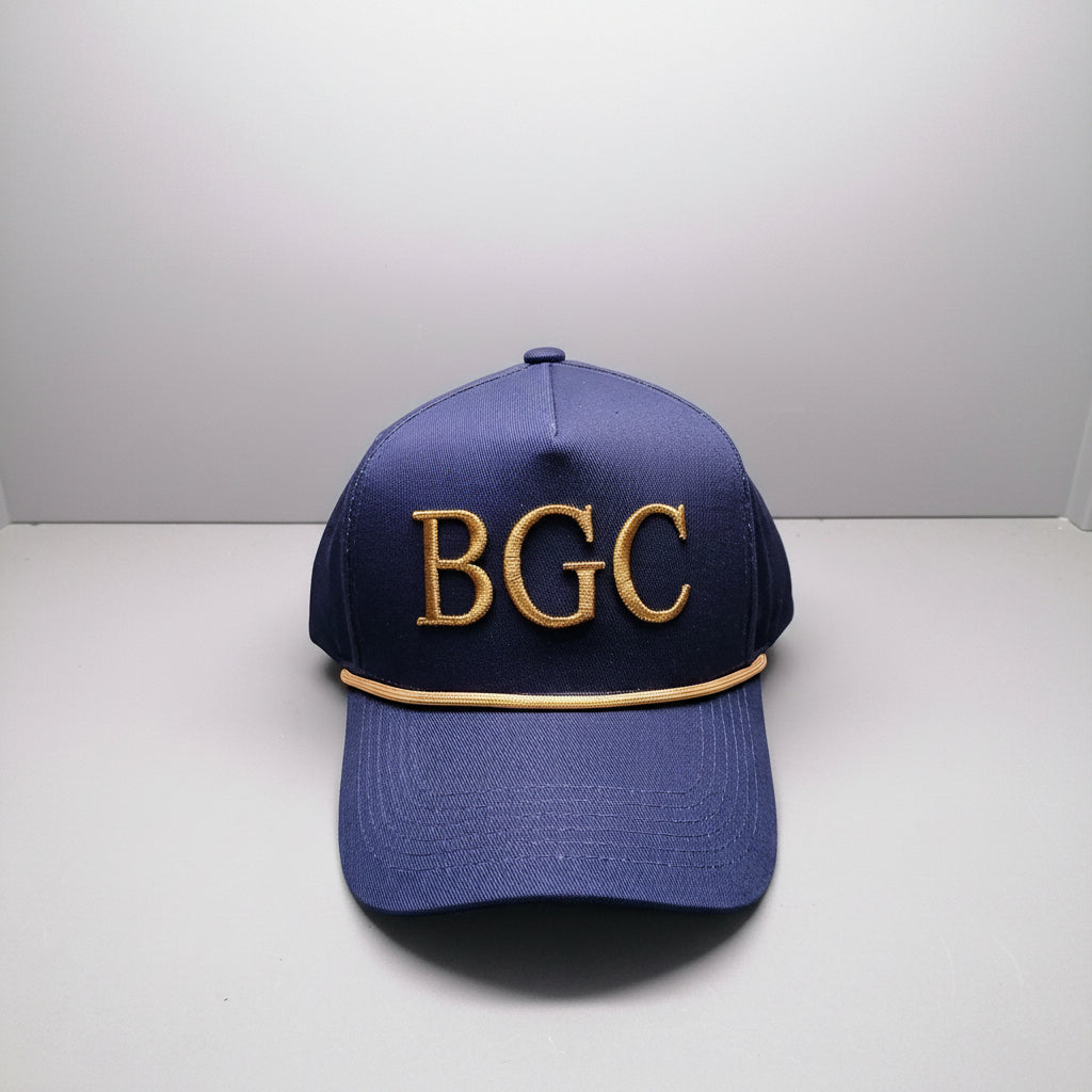 Front view of The Major golf rope cap featuring raised gold BGC embroidery