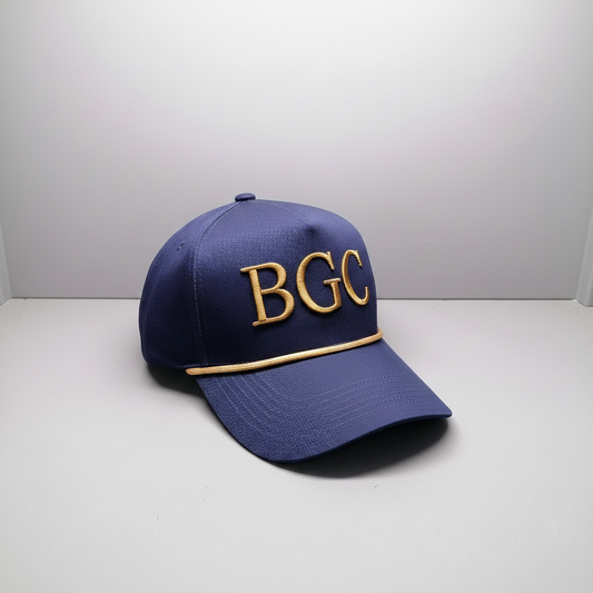 The Major premium navy golf rope cap with gold 3D BGC embroidery by Bastards Golf Club