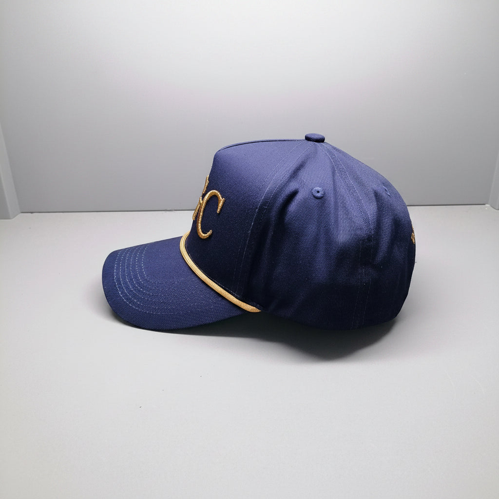 Alternative side profile of The Major premium golf rope cap showing structured five-panel construction and braided rope