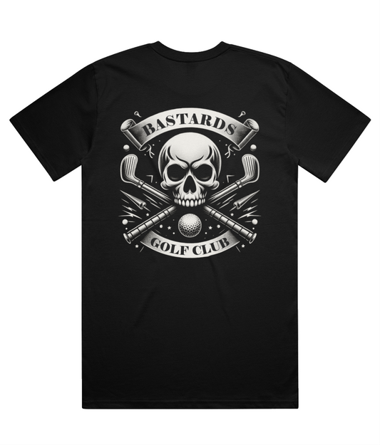 Black t-shirt with a skull and crossed golf clubs design on a white background