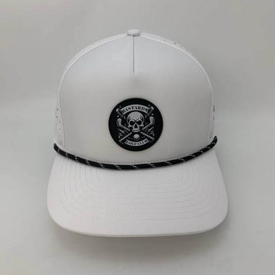 White cap with black skull and crossbones logo on a light gray background