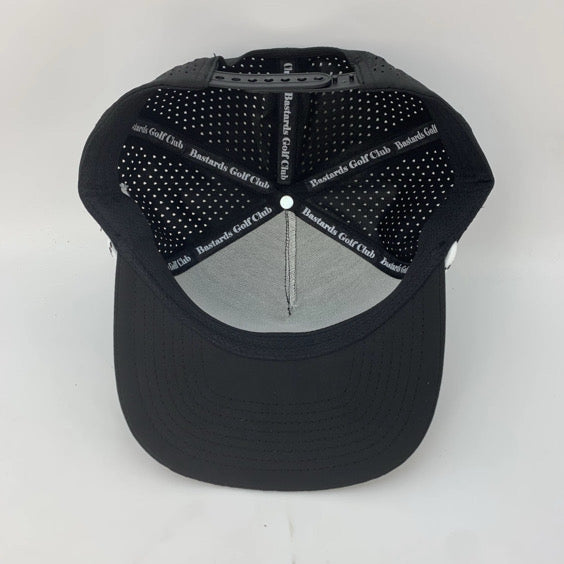 Black cap with decorative elements on a white background