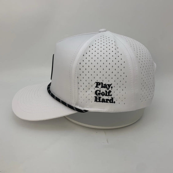 White golf cap with 'Play, Golf, Hard.' text on a light gray background