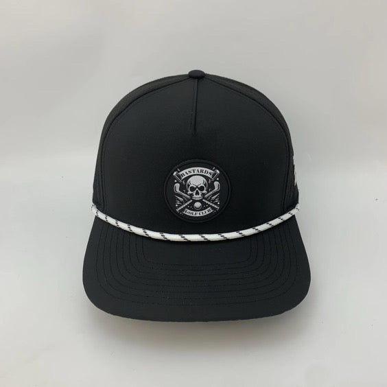 Black cap with a skull and crossbones emblem on a white background