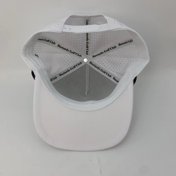 White cap with black text on a light gray background
