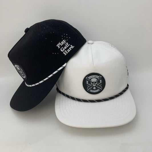 Black and white caps with branding on a light gray background
