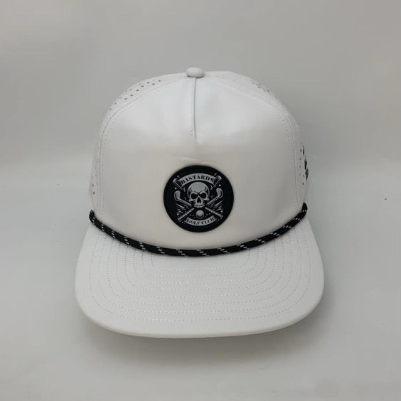 White cap with a black logo on a light gray background