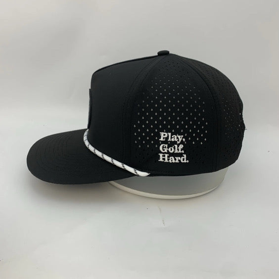 Black cap with 'Play. Golf. Hard.' text on a white background