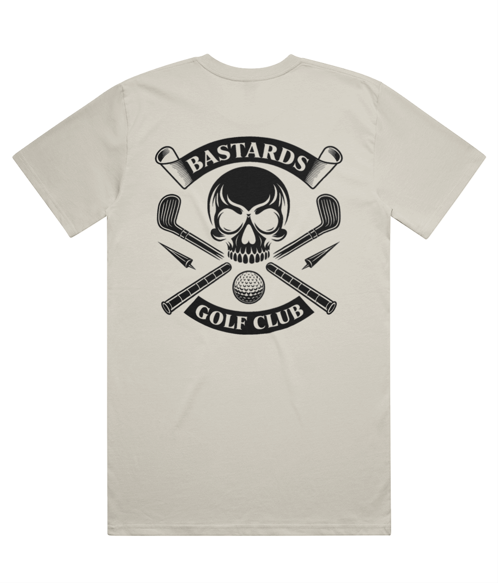Beige t-shirt with black graphic design featuring a skull and golf clubs on a white background