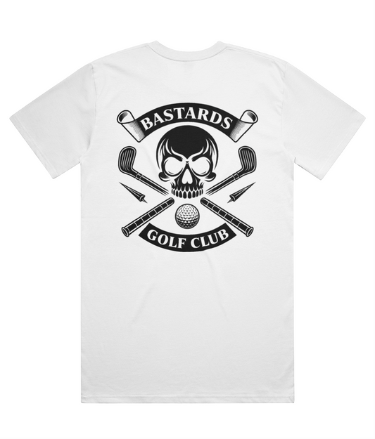 White t-shirt with black graphic design featuring a skull and golf clubs on a white background