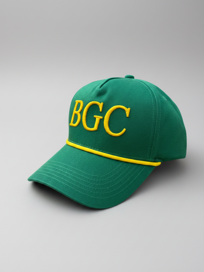 Sunday Green premium green golf rope cap with gold BGC embroidery by Bastards Golf Club