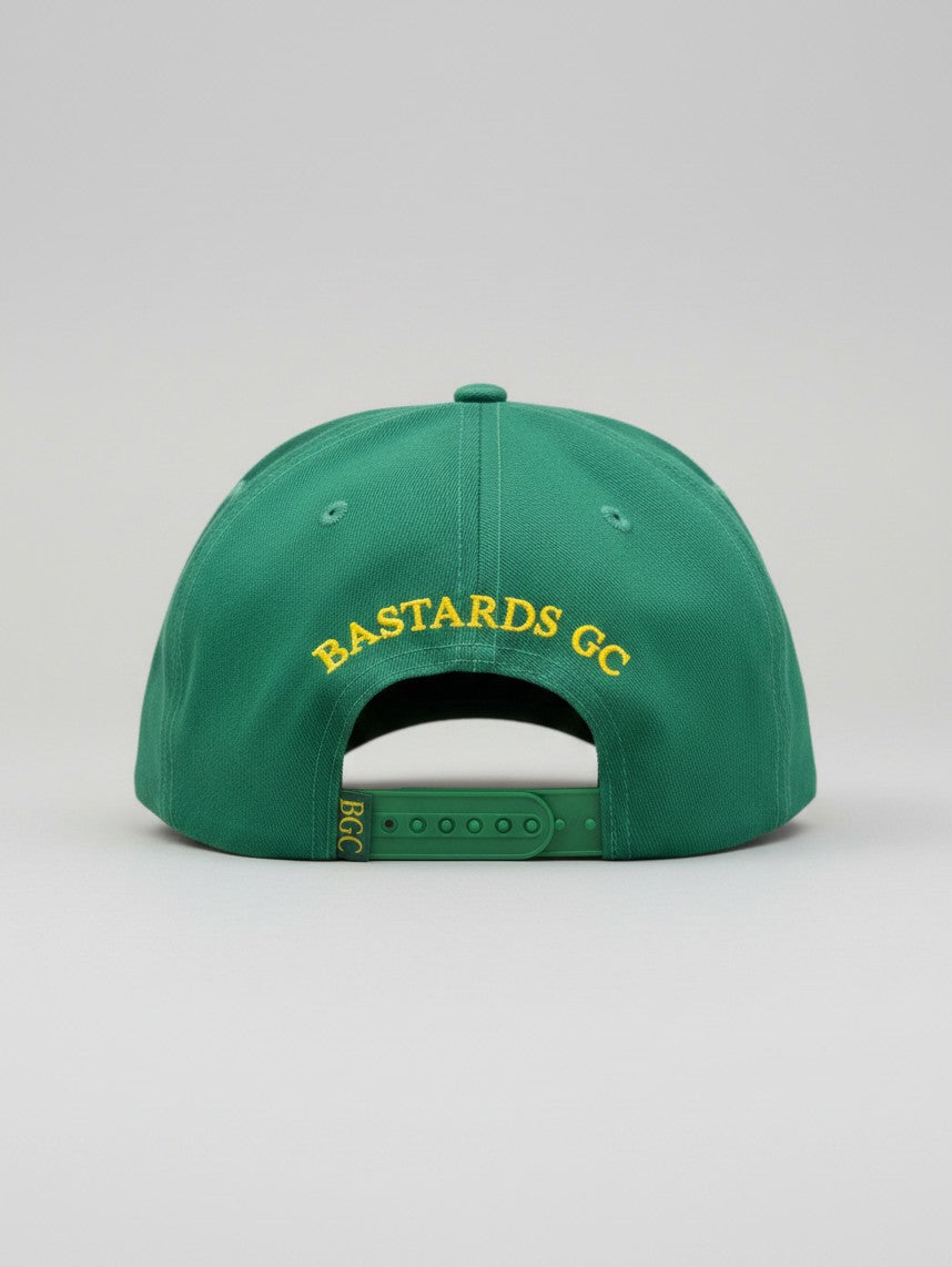 Rear view of Sunday Green golf cap with gold Bastards GC embroidery and BGC rear tab