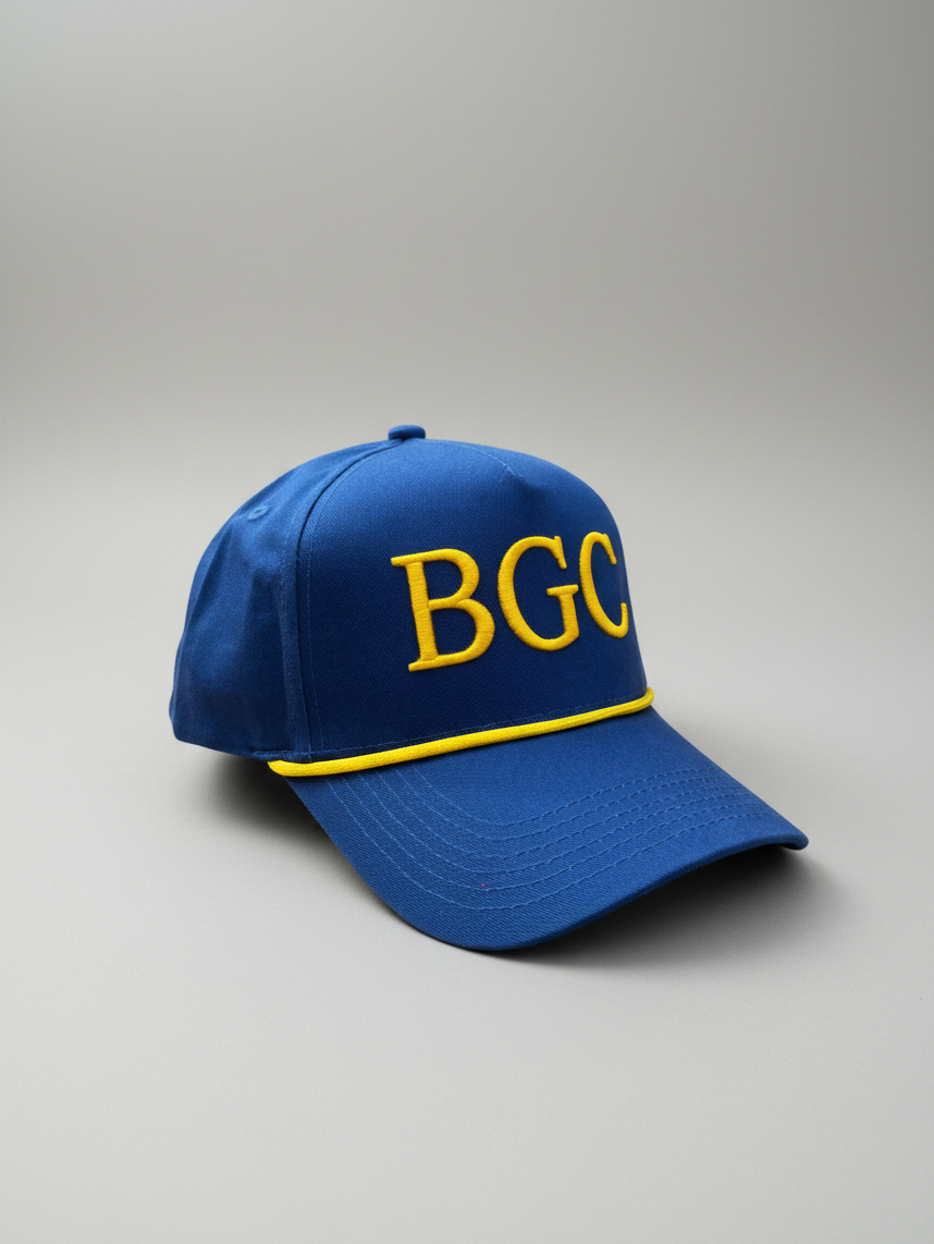 The Captain blue golf rope cap with gold BGC embroidery by Bastards Golf Club