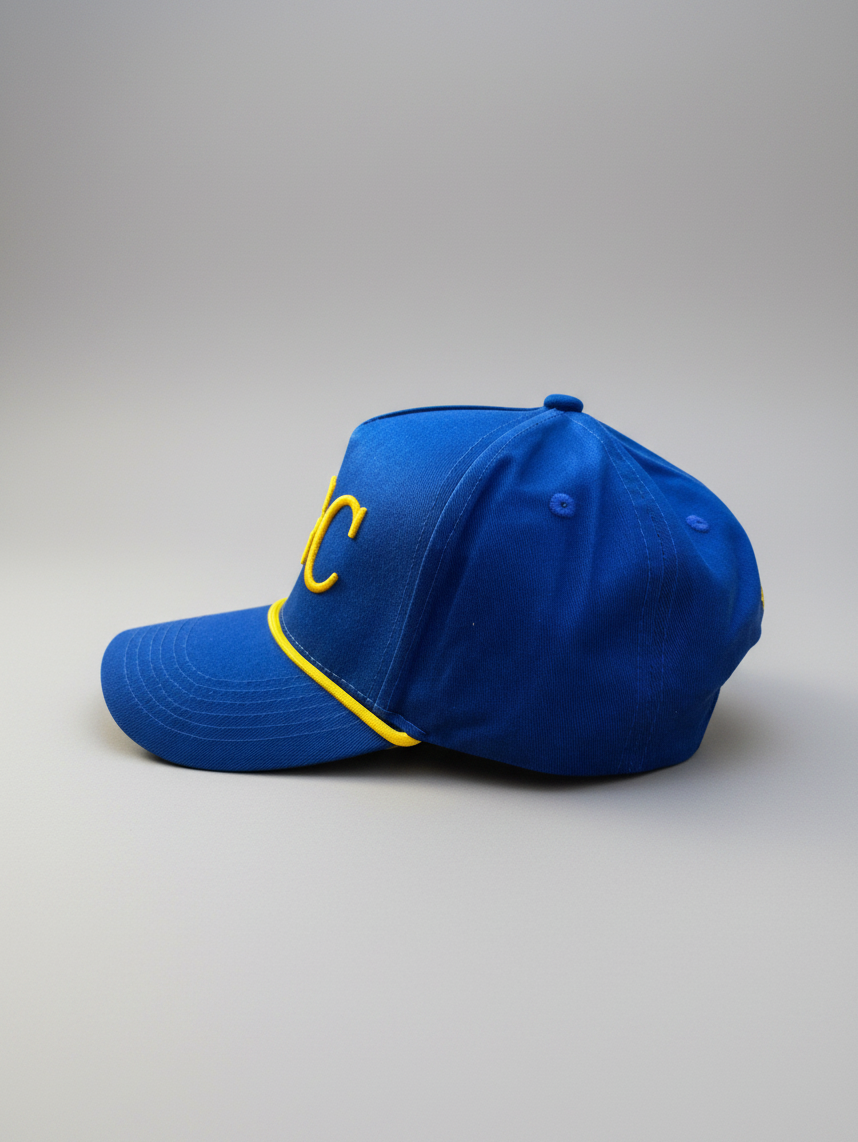 Left side profile of The Captain blue and gold structured golf rope cap