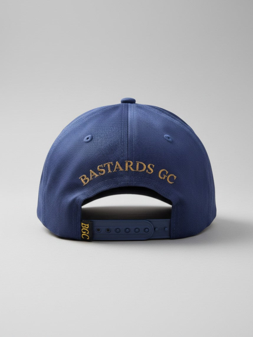 Rear view of The Major navy golf cap with gold Bastards GC embroidery and BGC rear tab