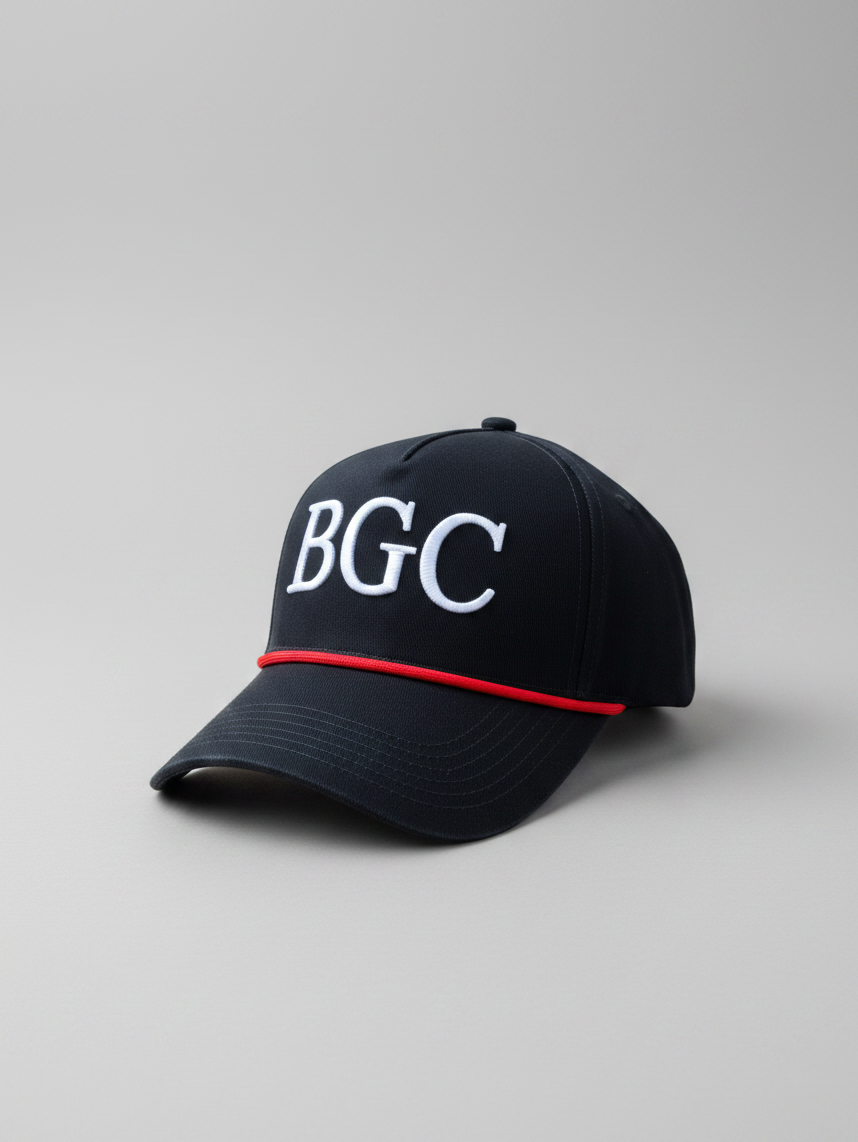 The Yank navy golf rope cap with white BGC embroidery and red rope by Bastards Golf Club